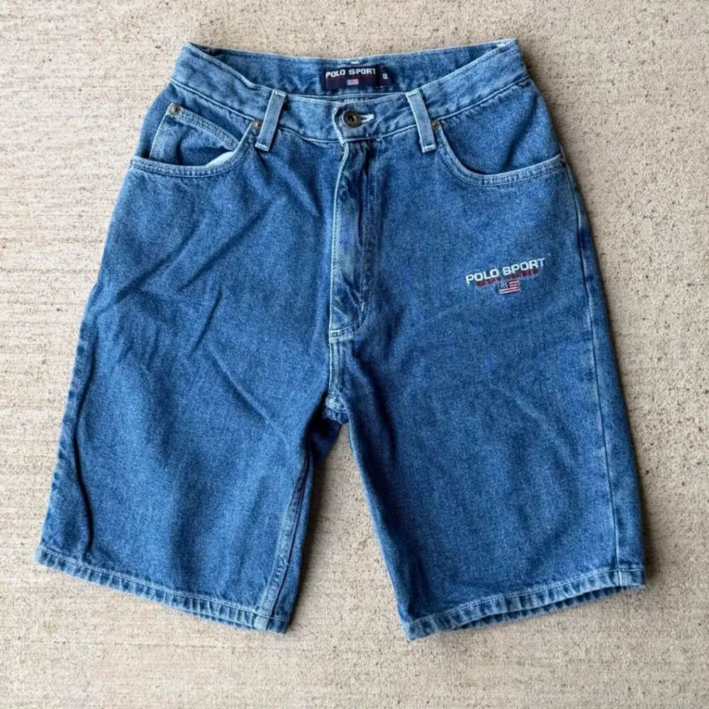 Vtg 90s Polo Sport Ralph Lauren USA Flag Denim Jorts Shorts Medium Wash Size 12